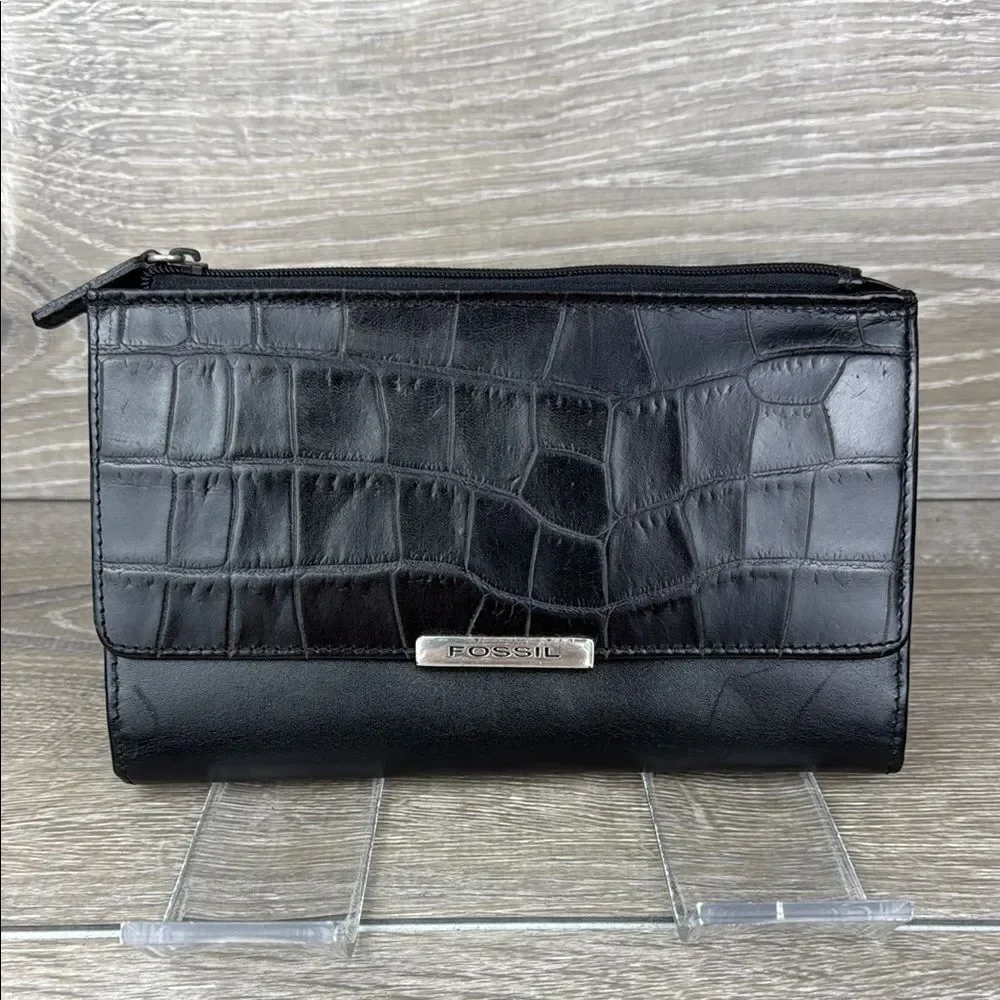 Fossil Black Avenue Croc-Embossed Leather Snap Open Tri-Fold Clutch Wallet